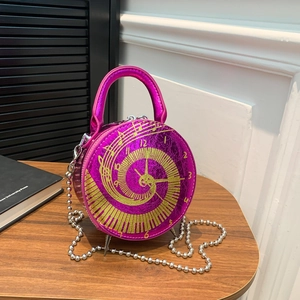 Women Fashion Mini Round Crossbody Bag PU Leather Clock Dial Design Metallic Chain Handbag Trendy Novelty Purse