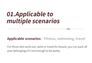 Détails montrant les scénarios d'utilisation du sac pour fitness, natation et voyage