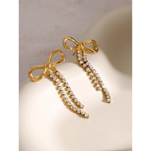 18k gold plated bow earrings with sparkling rhinestone tassels for women in minimalist style