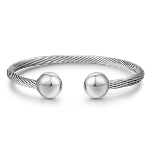 Silver twisted cable stainless steel open cuff bracelet with polished bead ends