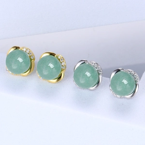Aventurine Jade Stud Earrings With 925 Sterling Silver Earring Post Elegant Crown Zircon Inlaid Jewelry For Women