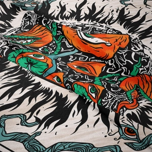 Detail of bohemian tapestry fabric showing soft flannel texture and vivid surreal print