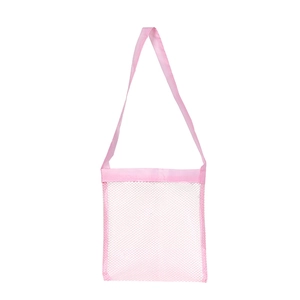 Detailed view of the pink mesh beach bag featuring durable netting and a long shoulder strap