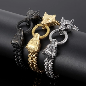 Detailed view of hip hop wolf head bracelets in gold, silver and black stainless steel