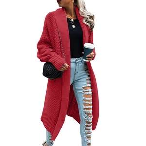 Chic red long-line knit cardigan with stylish batwing sleeves and ribbed cuffs for women