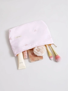 Trousse à maquillage rose avec broderie nœud et pochette de voyage portable