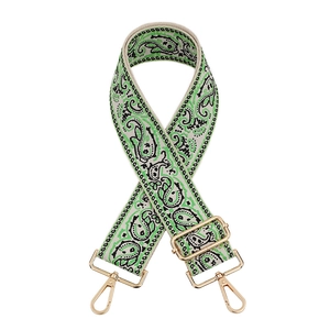 Adjustable green and black paisley jacquard shoulder strap with golden metal lobster hooks