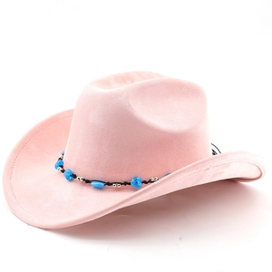Detail of pink faux suede cowboy hat with blue beaded band and western style brim