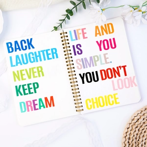 Detail of gold metal spiral binding on a white notebook with colorful text art