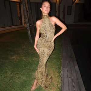 Elegant backless halter leopard print maxi dress with slim fit wrap design for women