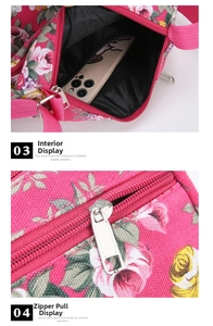 Detail view of pink floral shoulder bag showing black inner lining and zipper pocket