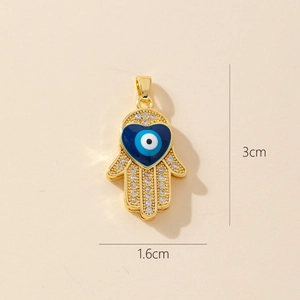 Detailed dimensions of Hamsa hand pendant with blue evil eye heart and zircon stones