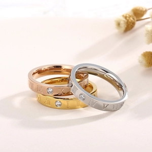 Three-piece titanium steel ring set with Roman numerals and cubic zirconia in gold and silver