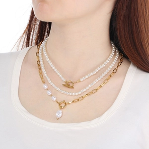 Baroque Imitation Artificial Pearl Splicing Layered Necklace For Women Stainless Steel Gold Plated Chain Elegant Vintage Jewelry