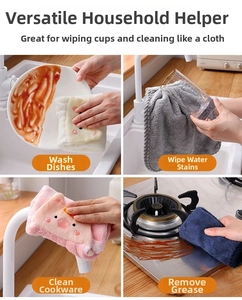 Absorbent coral fleece kitchen towels showing dishwashing and countertop cleaning usage