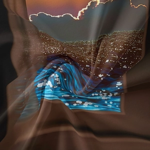 Detail of bohemian tapestry fabric showing soft translucent texture and wavy blue patterns