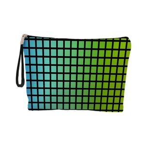 Portable cosmetic bag with green gradient checkered pattern and wrist strap