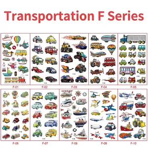 Close-up of assorted waterproof cartoon vehicle tattoo stickers featuring cars and planes