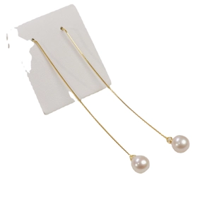 Elegant S925 silver long drop earrings with white round freshwater pearls on gold chains