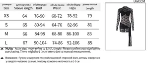 Detailed size chart for lace bodycon dress with measurements in cm for XS to L sizes
