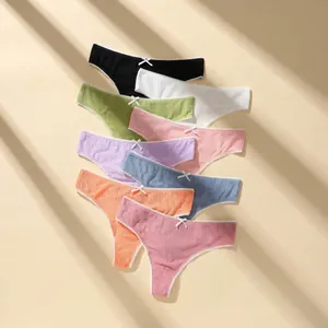 Women Thongs Ribbed Polyester Spandex T-Back Panties With Lace Trim And Bow Decor Breathable Low Waist Underwear