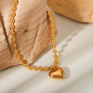 Classic 18K gold-plated stainless steel ball chain necklace with polished heart pendant