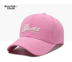 Detailed view of rose pink baseball cap with white Game Competitive 3D embroidery