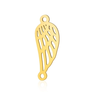 Detail of golden stainless steel wing pendant with hollow design and dual rings