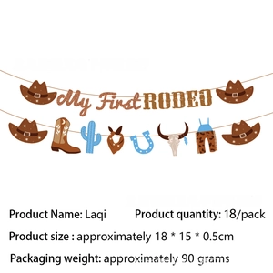 Detailed view of My First Rodeo party banner featuring cowboy hats and boots motifs