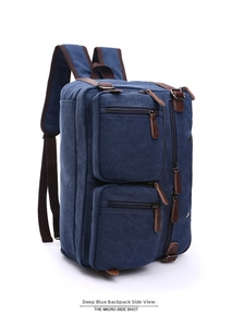 Detailed side view of dark blue canvas bag featuring leather pullers and pocket layout
