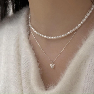Elegant 925 sterling silver bow pendant with double layered pearl necklace for women