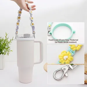 Handmade woven daisy cup handle strap with silicone ring for Stanley tumbler accessories