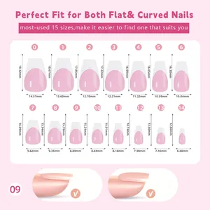 Size chart showing 15 different dimensions for French press-on nails in matte pink