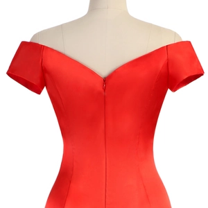 Elegant red off-shoulder satin evening gown featuring V-back with invisible zipper closure