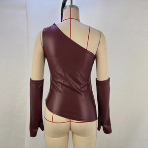 Detail view of burgundy PU leather one-shoulder top with matching long arm sleeves