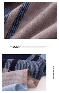 Macro detail of the premium plaid scarf fabric showing soft blue and brown wool-like texture