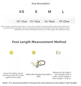 Size chart for baby boy floor socks detailing foot lengths from XS to L for ages 1-13