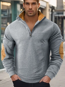 Herren Sweatshirt mit halbem Reißverschluss, braunen Ellenbogen-Patches und Kontrastkragen