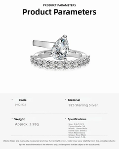 Detail specifications of 1.25ct pear cut 925 sterling silver ring set with 5A cubic zirconia