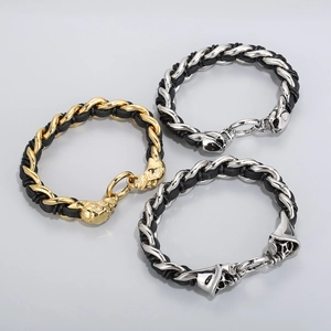 Braided leather and stainless steel skull bracelets in gold and silver finish
