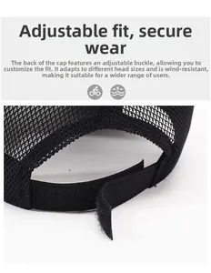 Detail of adjustable velcro strap and breathable mesh on black sports baseball cap