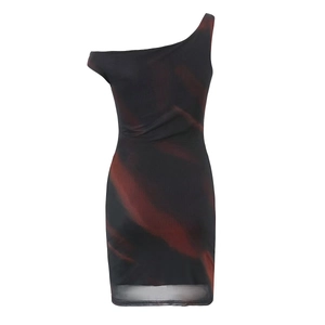 Mini abito aderente monospalla senza maniche con motivo tie-dye scuro da donna