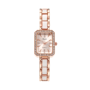 Elegant rose gold rectangle ceramic quartz watch for women on a white background