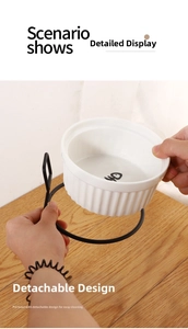 Detail showing the removable white ceramic pet bowl and the black metal holder frame