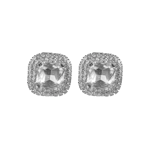Elegant silver square halo stud earrings featuring a large clear center stone with rhinestones