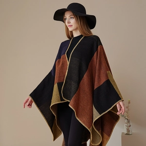 Women's double-sided plaid cashmere-like shawl poncho with golden stitched edges