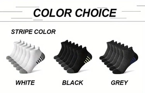 Detailed view of breathable mesh sports socks in white, black and grey striped patterns