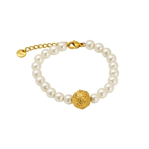 Handmade white pearl bracelet with gold textured bead and stainless steel lobster clasp