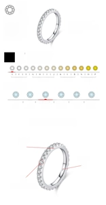 Detailed specs of D-color VVS1 moissanite S925 silver ring with 31 brilliant cut stones