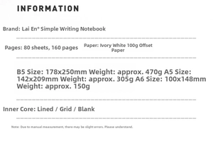 Detail specifications of A6 B5 mini notebook with ivory 100g paper and core options